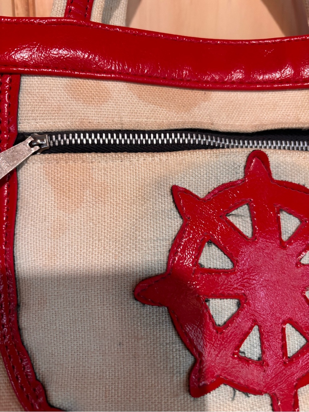 Vintage Canvas Tote Bag with Red Trim and Nautical Wheel Accent - Picture 5 of 5